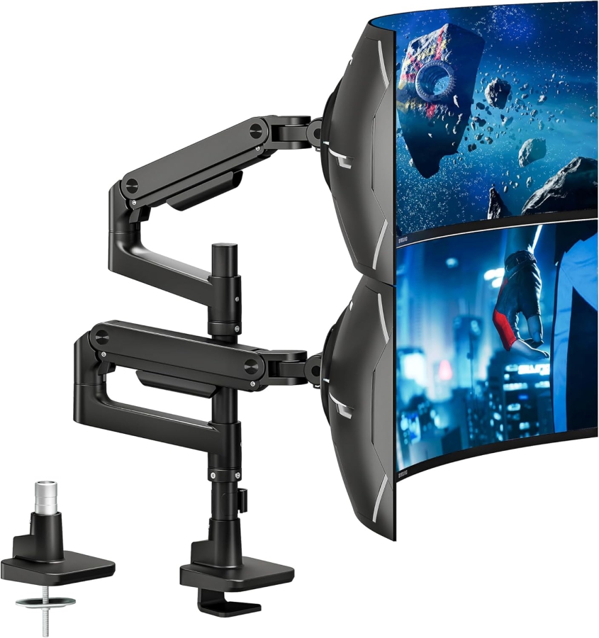 ARES WING Dual Monitor Mount for 17–49 Inches (Vertical & Horizontal) (Heavy Duty Gas Spring System for Two Monitors up to 20 kg Each – Stackable or Side-by-Side.)