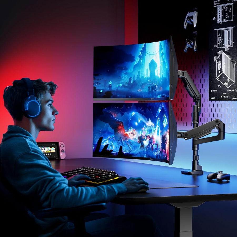ARES WING Dual Monitor Mount for 17–49 Inches (Vertical & Horizontal) (Heavy Duty Gas Spring System for Two Monitors up to 20 kg Each – Stackable or Side-by-Side.)