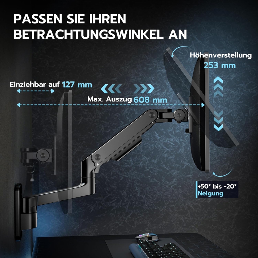 ARES WING Heavy Duty Monitor Wall Mount (Black) for 17–49 Inch (Massive 20 kg Load Capacity & Extra-Long Gas Spring Arm for Your Ultimate Setup)