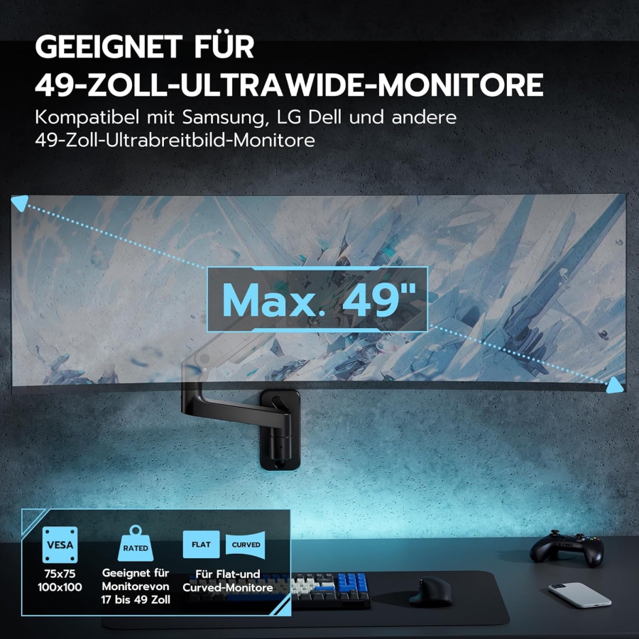 ARES WING Heavy Duty Monitor Wall Mount (Black) for 17–49 Inch (Massive 20 kg Load Capacity & Extra-Long Gas Spring Arm for Your Ultimate Setup)