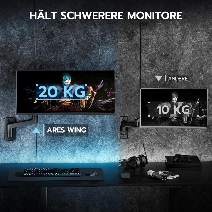 ARES WING Heavy Duty Monitor Wall Mount (Black) for 17–49 Inch (Massive 20 kg Load Capacity & Extra-Long Gas Spring Arm for Your Ultimate Setup)