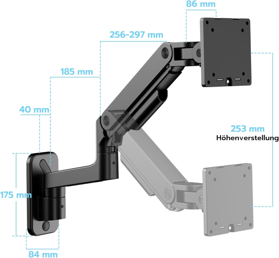 ARES WING Heavy Duty Monitor Wall Mount (Black) for 17–49 Inch (Massive 20 kg Load Capacity & Extra-Long Gas Spring Arm for Your Ultimate Setup)