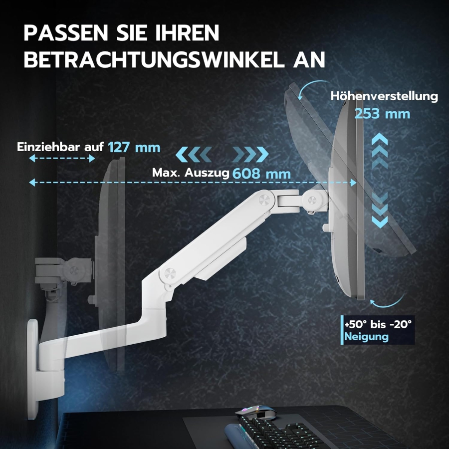 ARES WING Heavy Duty Monitor Wall Mount (White) for 17–49 Inch (Perfect for Ultrawide & Curved Monitors. Gas Spring Arm with 20 kg Load Capacity)