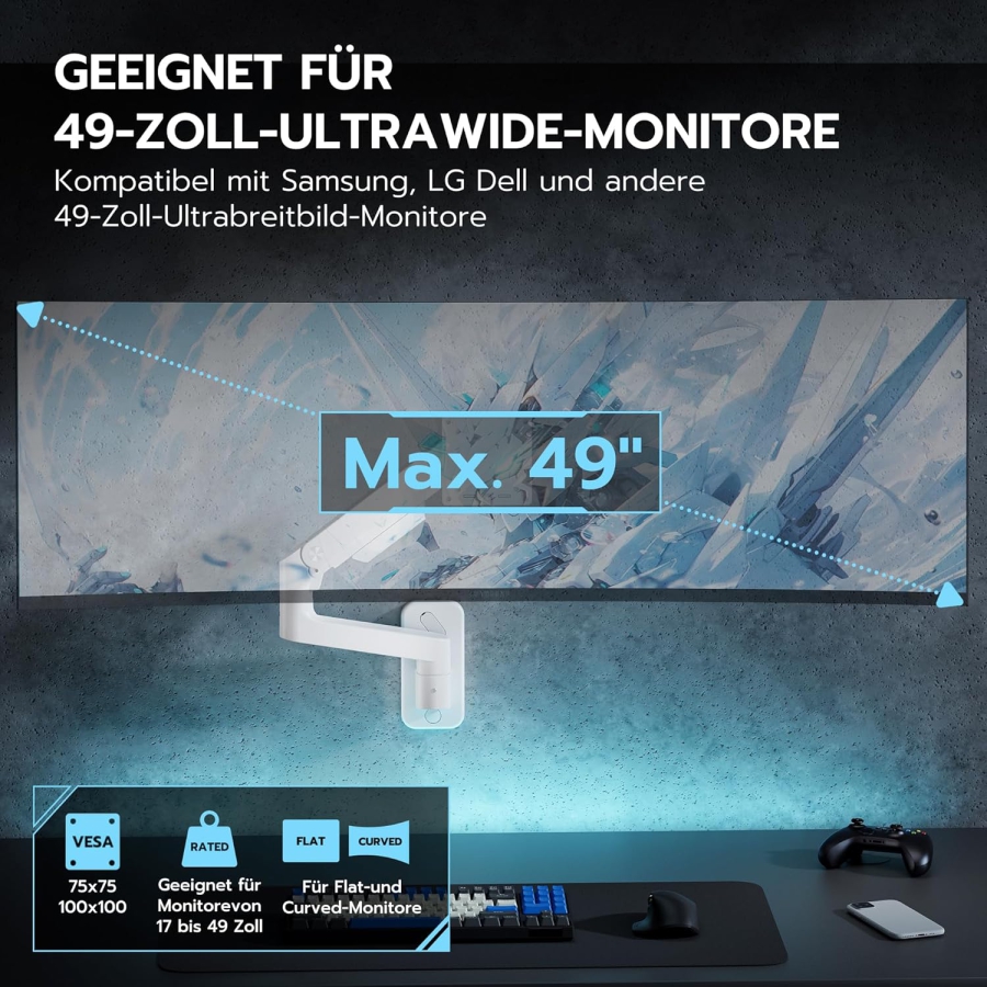 ARES WING Heavy Duty Monitor Wall Mount (White) for 17–49 Inch (Perfect for Ultrawide & Curved Monitors. Gas Spring Arm with 20 kg Load Capacity)