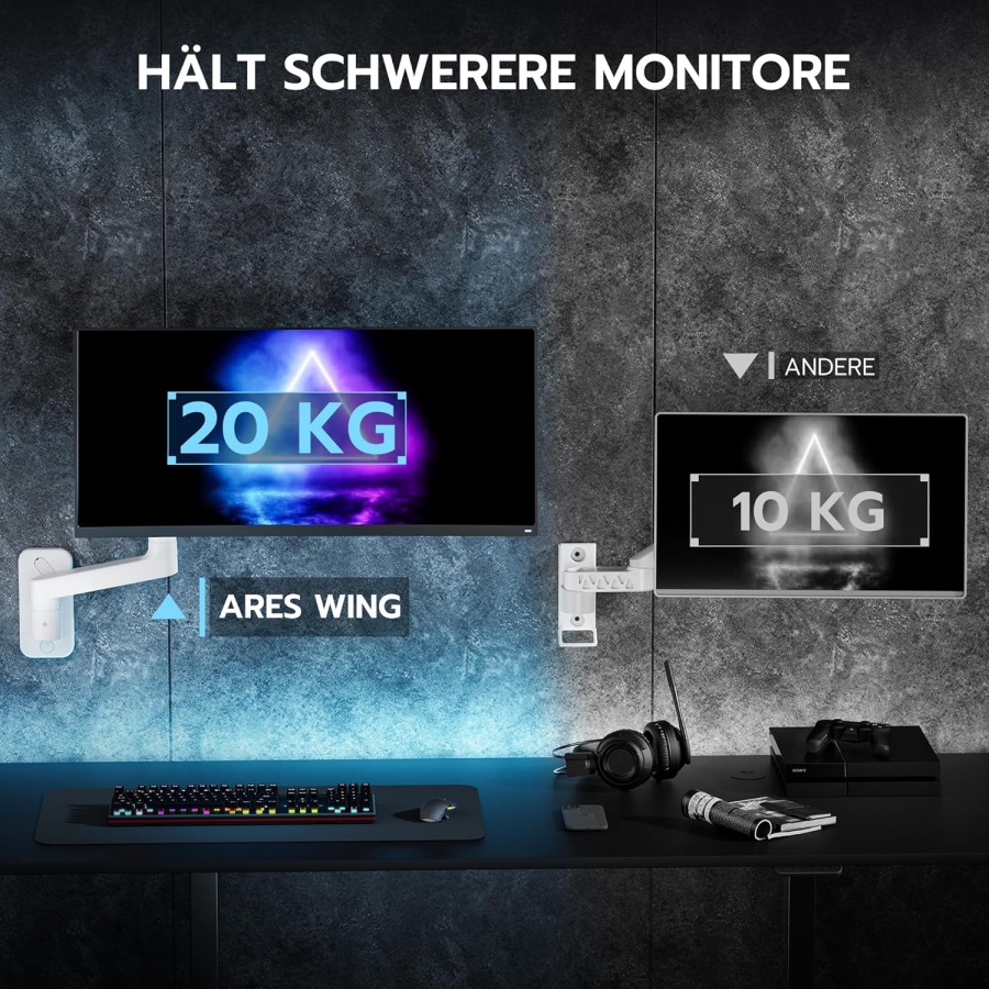 ARES WING Heavy Duty Monitor Wall Mount (White) for 17–49 Inch (Perfect for Ultrawide & Curved Monitors. Gas Spring Arm with 20 kg Load Capacity)
