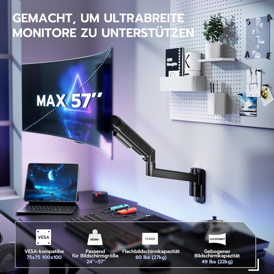 ARES WING Monitor Wall Mount 24-57 Inch (up to 27kg) – Gas Spring (Heavy Duty Wall Arm for Ultrawide & Curved Screens.)