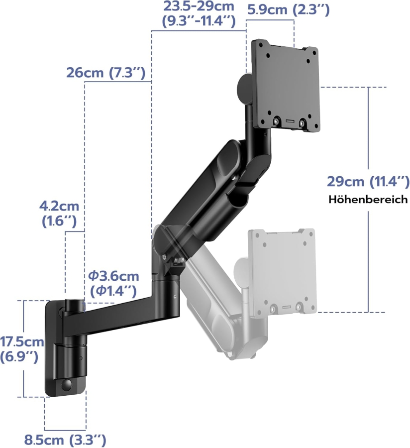 ARES WING Monitor Wall Mount 24-57 Inch (up to 27kg) – Gas Spring (Heavy Duty Wall Arm for Ultrawide & Curved Screens.)