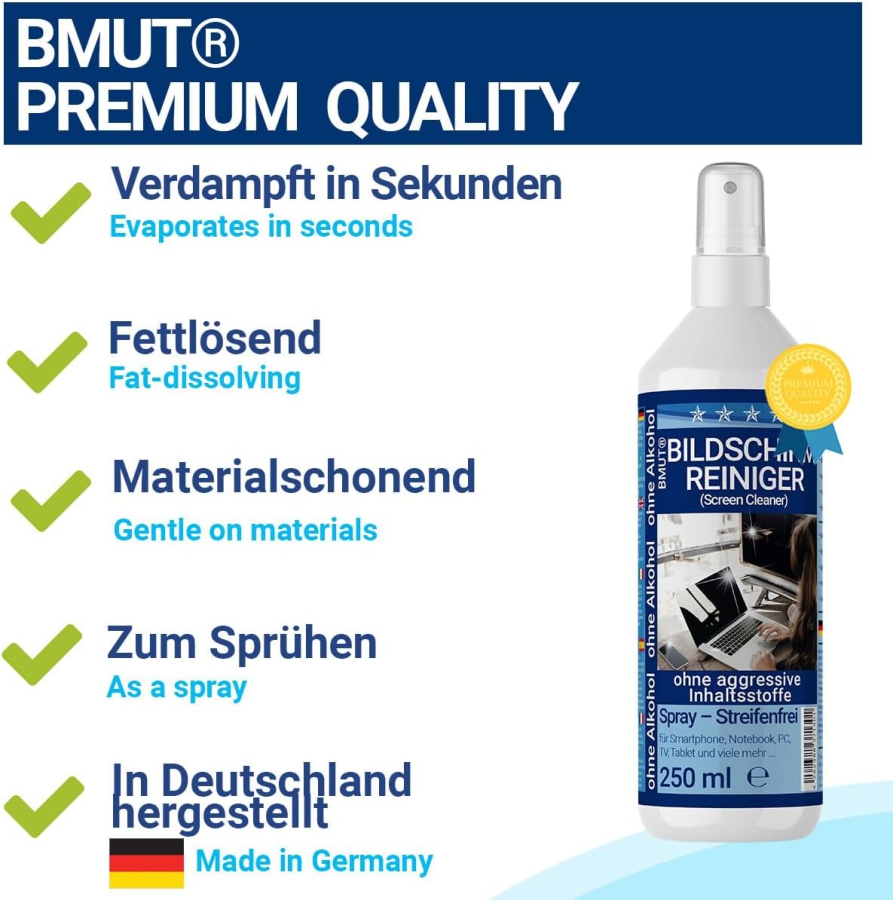 BMUT Premium Screen Cleaner Set (250ml) incl. XXL Microfiber Cloth & Brush (Made in Germany: Streak-Free Cleaning for LCD, OLED, TV & Phones – Alcohol-Free Anti-Fingerprint Formula.)
