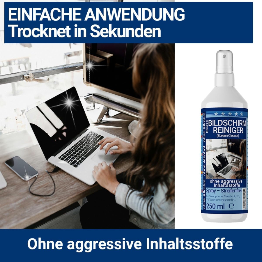 BMUT Premium Screen Cleaner Set (250ml) incl. XXL Microfiber Cloth & Brush (Made in Germany: Streak-Free Cleaning for LCD, OLED, TV & Phones – Alcohol-Free Anti-Fingerprint Formula.)