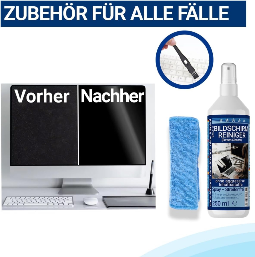 BMUT Premium Screen Cleaner Set (250ml) incl. XXL Microfiber Cloth & Brush (Made in Germany: Streak-Free Cleaning for LCD, OLED, TV & Phones – Alcohol-Free Anti-Fingerprint Formula.)