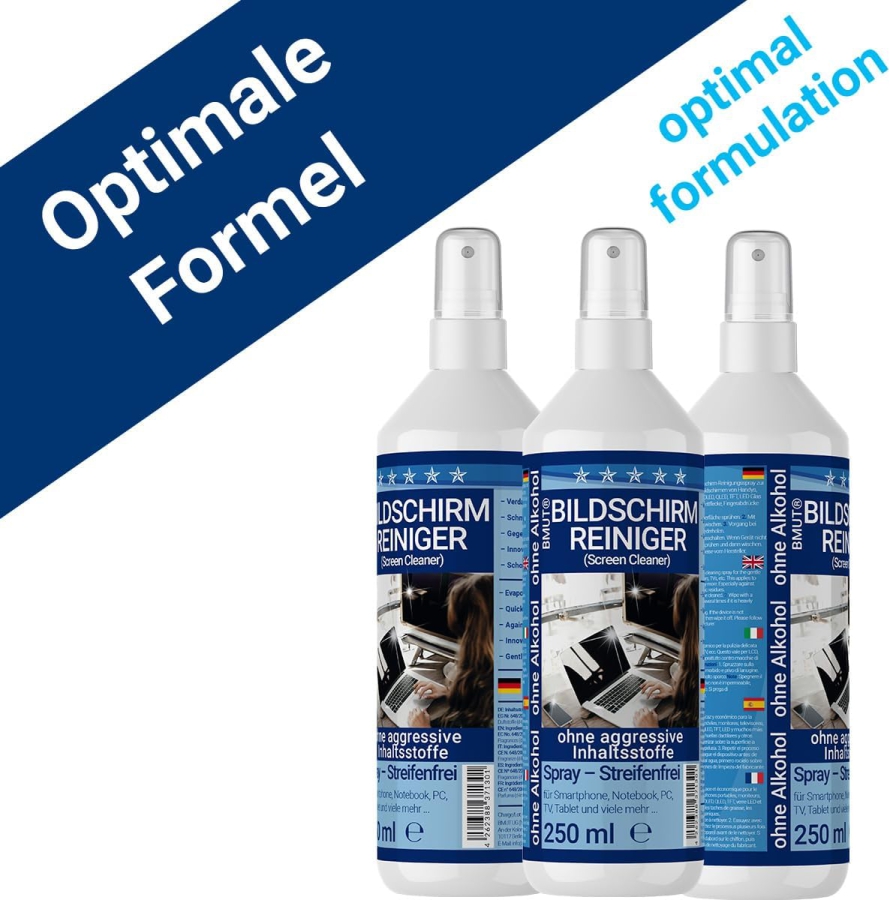 BMUT Premium Screen Cleaner Set (250ml) incl. XXL Microfiber Cloth & Brush (Made in Germany: Streak-Free Cleaning for LCD, OLED, TV & Phones – Alcohol-Free Anti-Fingerprint Formula.)