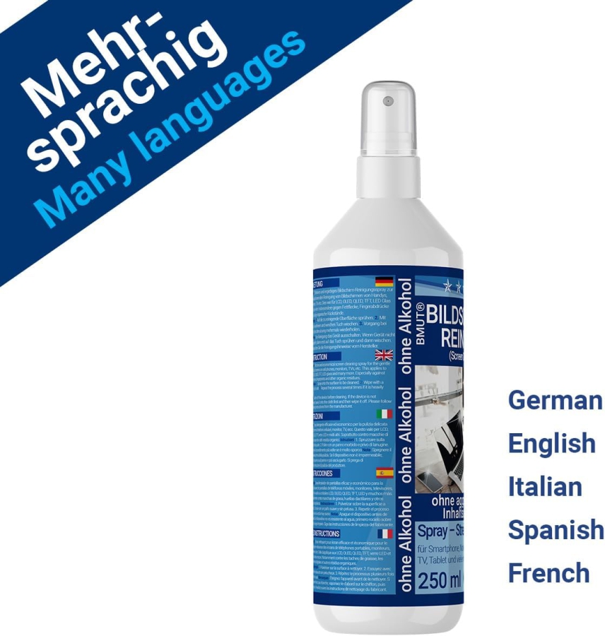 BMUT Premium Screen Cleaner Set (250ml) incl. XXL Microfiber Cloth & Brush (Made in Germany: Streak-Free Cleaning for LCD, OLED, TV & Phones – Alcohol-Free Anti-Fingerprint Formula.)