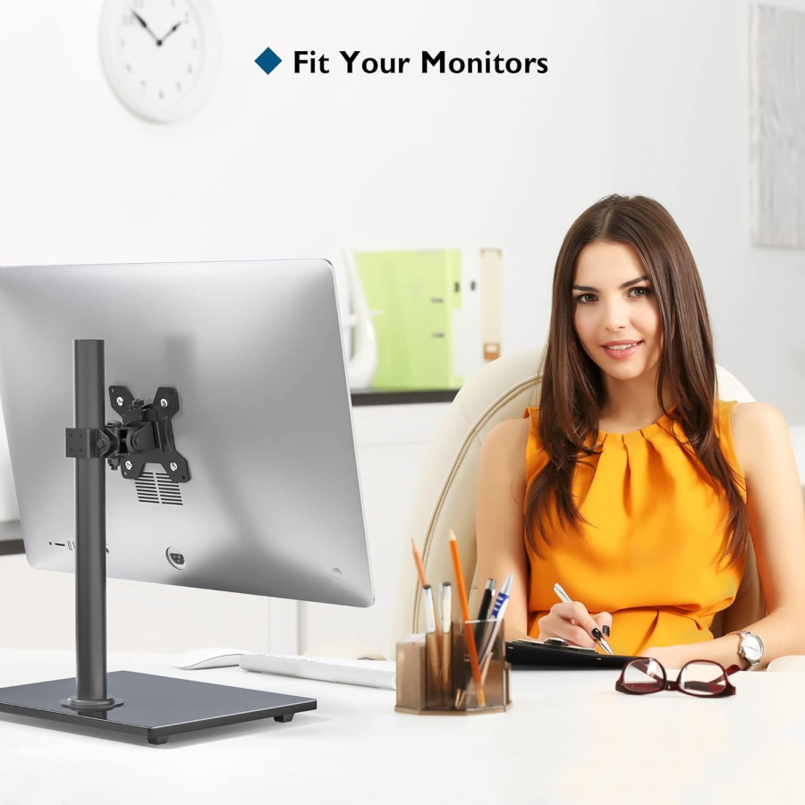BONTEC Monitor Desk Stand (Freestanding) with Glass Base for 13–32 Inches (Elegant Monitor Holder with Tempered Glass Base – Tiltable, Swiveling & 360° Rotatable up to 10 kg)