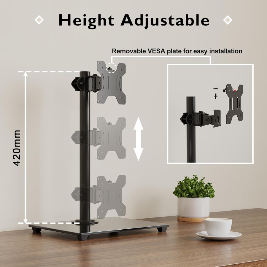 BONTEC Monitor Desk Stand (Freestanding) with Glass Base for 13–32 Inches (Elegant Monitor Holder with Tempered Glass Base – Tiltable, Swiveling & 360° Rotatable up to 10 kg)