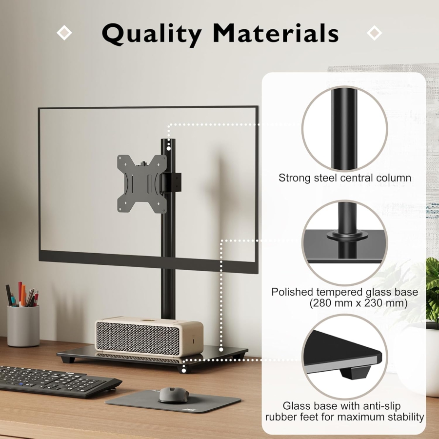 BONTEC Monitor Desk Stand (Freestanding) with Glass Base for 13–32 Inches (Elegant Monitor Holder with Tempered Glass Base – Tiltable, Swiveling & 360° Rotatable up to 10 kg)