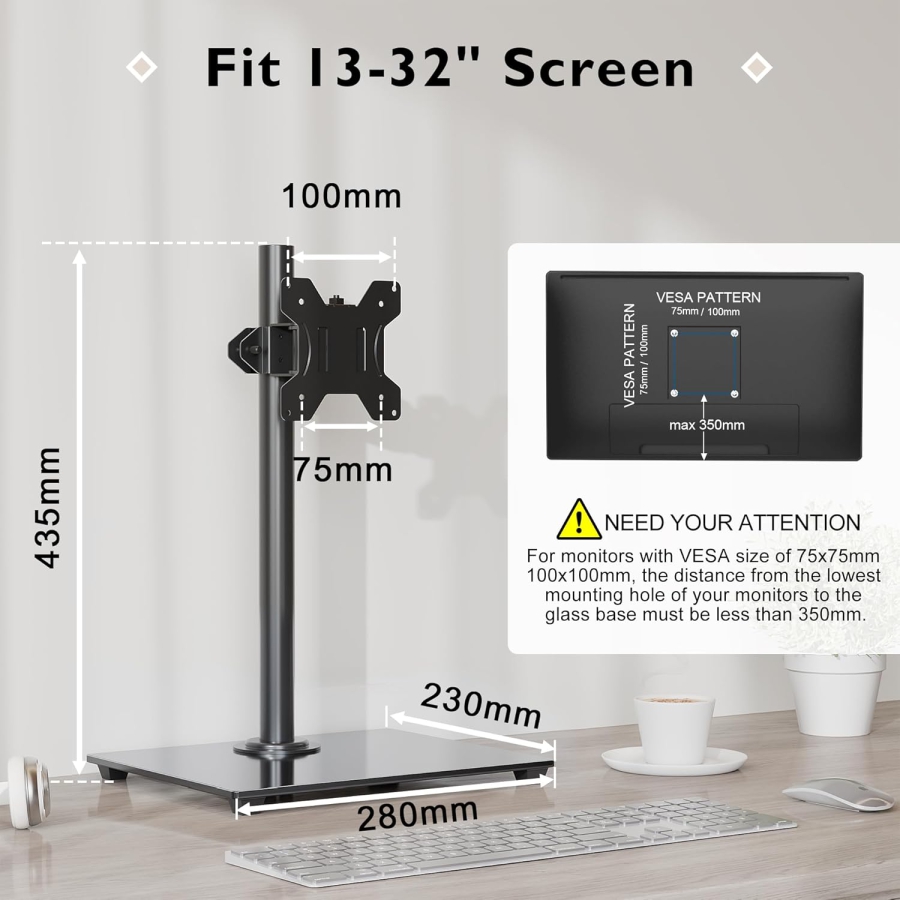 BONTEC Monitor Desk Stand (Freestanding) with Glass Base for 13–32 Inches (Elegant Monitor Holder with Tempered Glass Base – Tiltable, Swiveling & 360° Rotatable up to 10 kg)