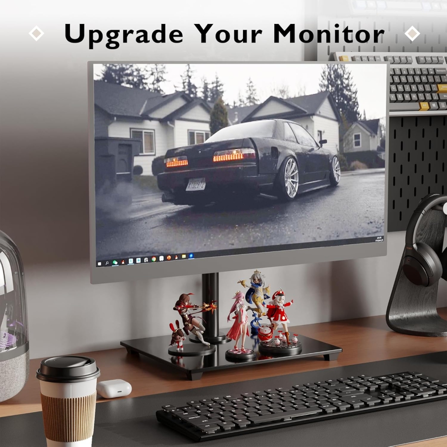 BONTEC Monitor Desk Stand (Freestanding) with Glass Base for 13–32 Inches (Elegant Monitor Holder with Tempered Glass Base – Tiltable, Swiveling & 360° Rotatable up to 10 kg)