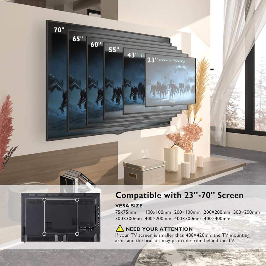 BONTEC TV Wall Mount Swivel & Tilt for 23-70 Inch TVs (Max. 45 kg) (Full Motion Dual Arm Mount – VESA up to 400x400, Extendable up to 38 cm.)