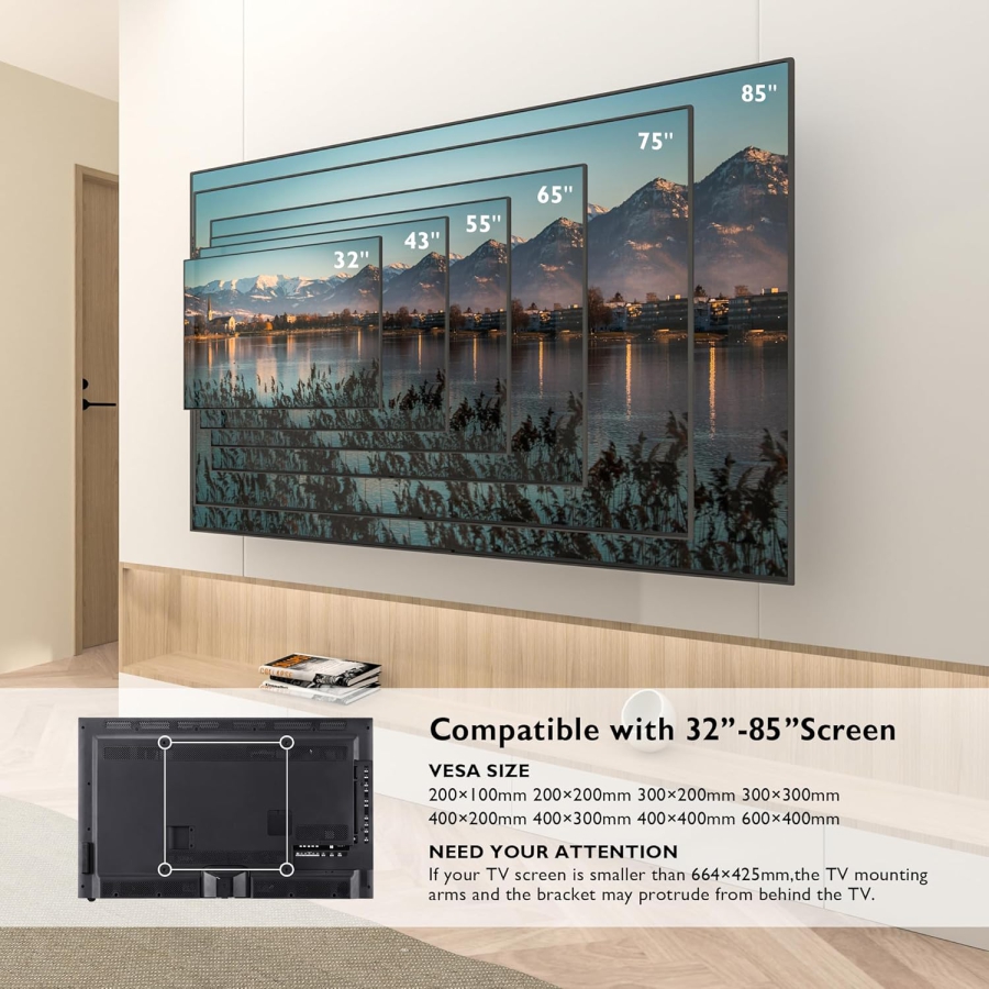 BONTEC TV Wall Mount Swivel & Tilt for 32-85 Inch (Max. 60 kg) (Stable dual-arm mount for flat & curved TVs – VESA 600x400, Extendable up to 39 cm.)
