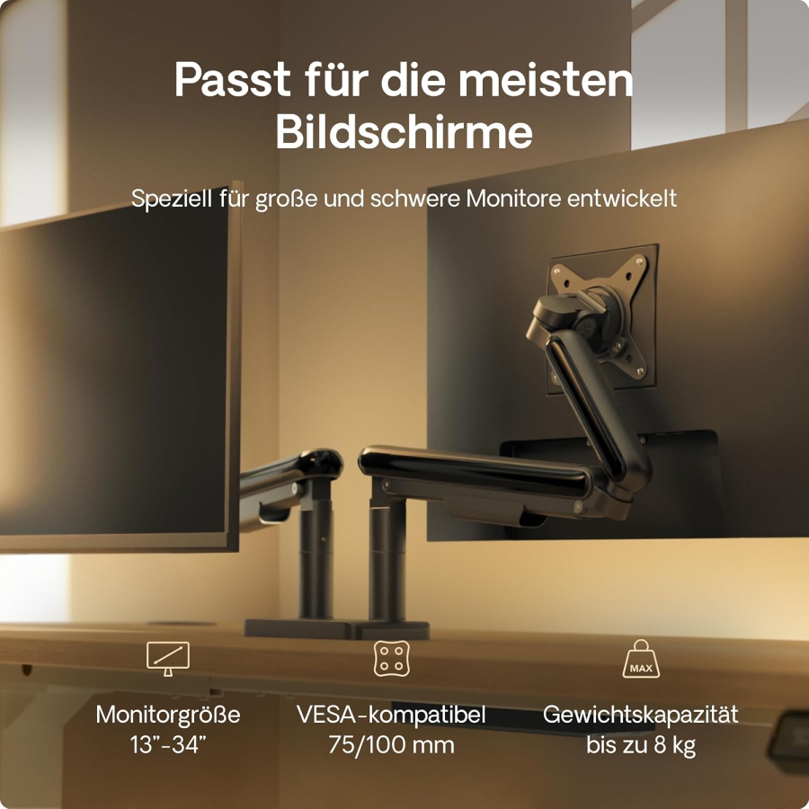 Desktronic Dual Monitor Mount for 2 Screens up to 32 Inches & 8 kg (Space-saving design (Close to wall) – 360° Rotatable, Height Adjustable & Robust Steel Construction.)