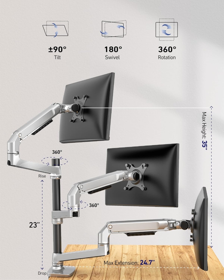 Ergounion 3-Monitor Mount (Aluminum) for 13–40 Inch (Premium Desk Mount for Three Monitors up to 11.3 kg Each – With Durable Mechanical Spring.)