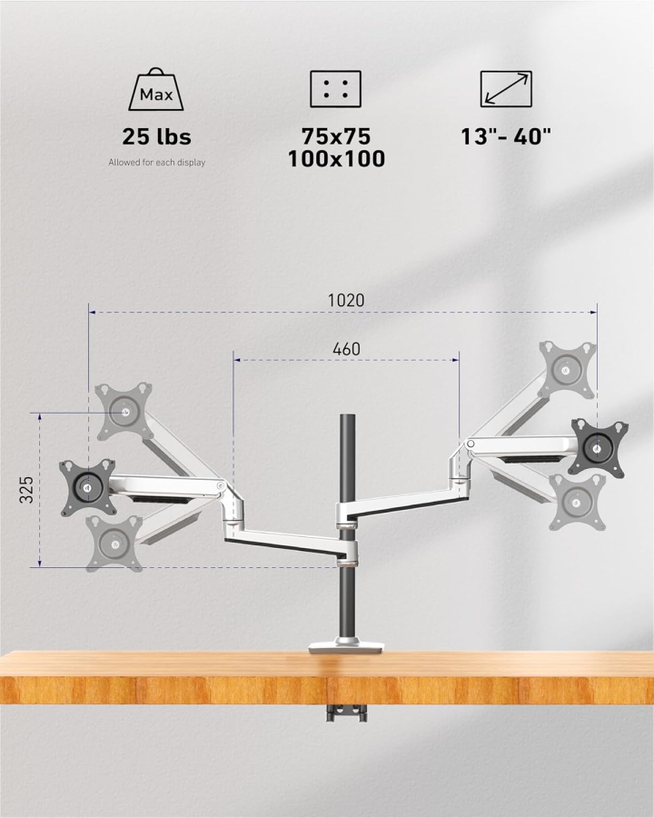 Ergounion 4-Monitor Mount (Aluminum) for 13–40 Inch (Premium Quad Desk Mount with Mechanical Spring for Four Screens up to 11 kg Each)
