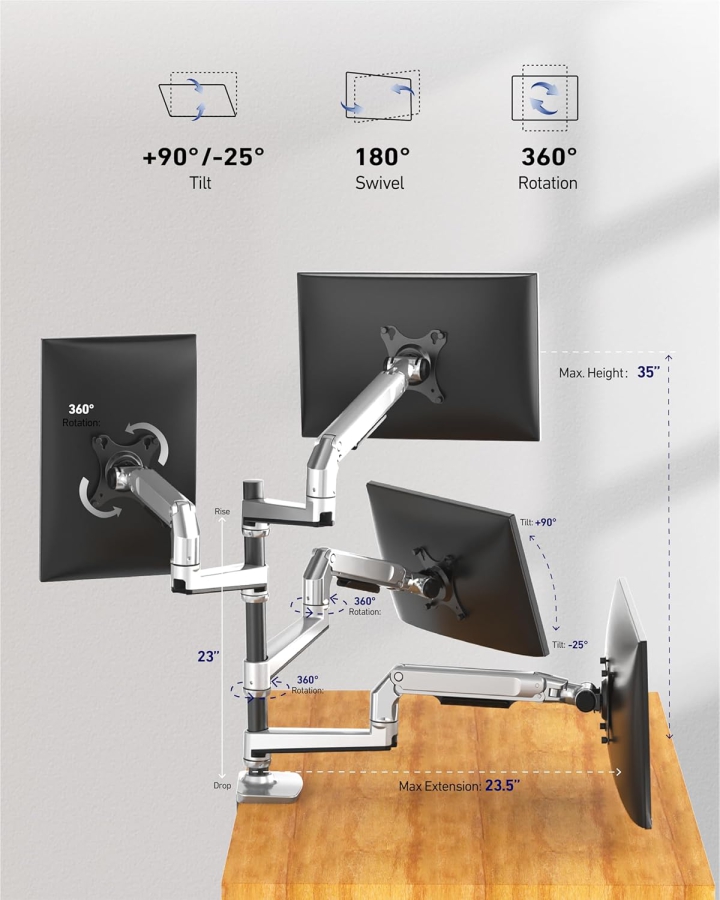 Ergounion 4-Monitor Mount (Aluminum) for 13–40 Inch (Premium Quad Desk Mount with Mechanical Spring for Four Screens up to 11 kg Each)
