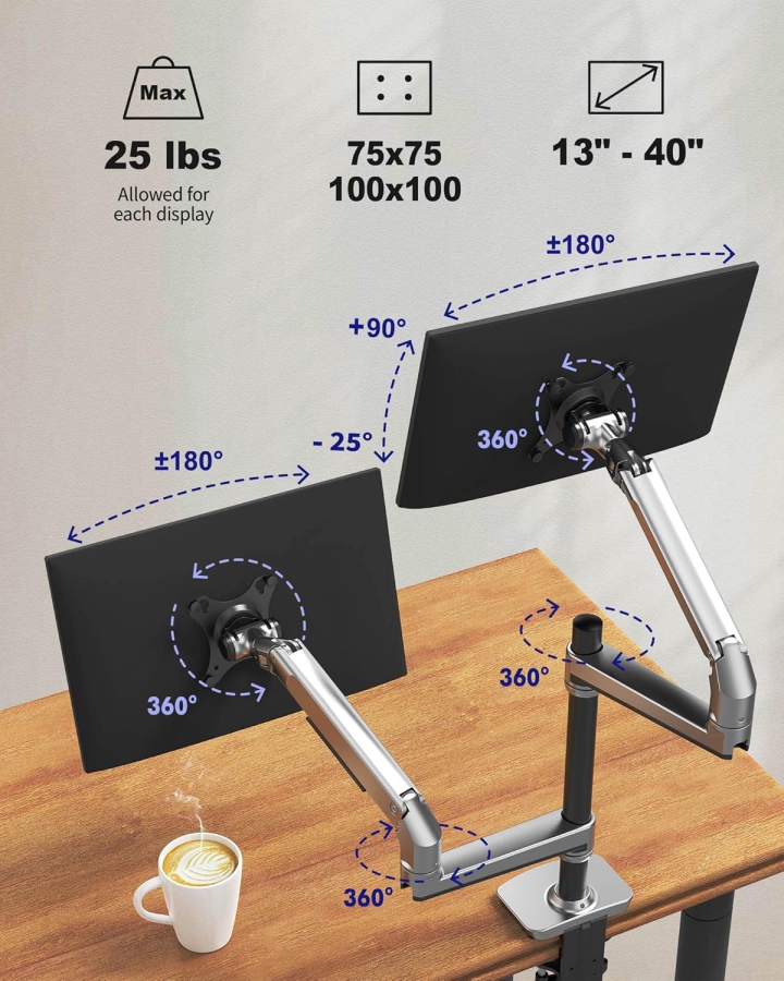 Ergounion Dual Monitor Desk Mount (Aluminum) for 13–40 Inch (Vertical & Horizontal) (Premium Dual-Arm Mount made of High-Quality Aluminum)