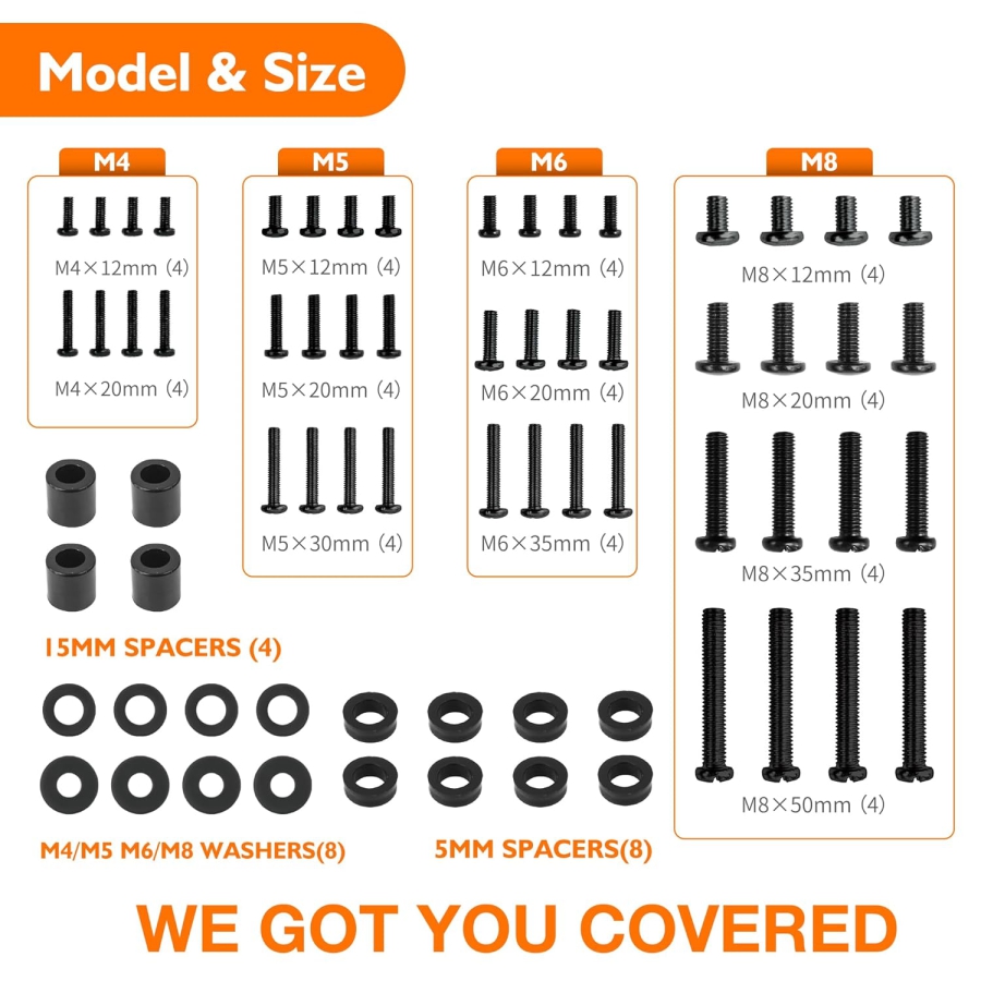 GINKGO Universal VESA Screw Set for TV & Monitor (M4, M5, M6, M8) (68-Piece Mounting Kit for Wall Mounts & Stands – Compatible up to 80 Inches.)
