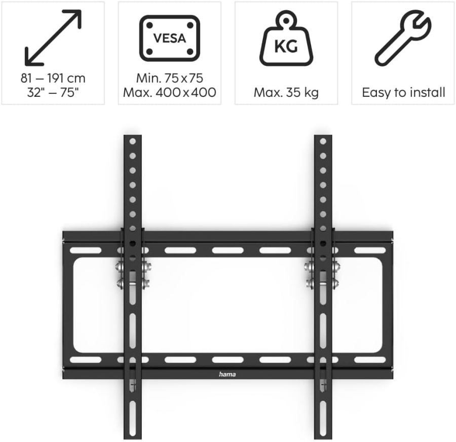 Hama TV Wall Mount Tiltable for 32-75 Inch TVs (VESA 400x400) (Ultra-flat TV bracket (2.4 cm wall clearance) – Continuously 10° tiltable, up to 35 kg load capacity.)