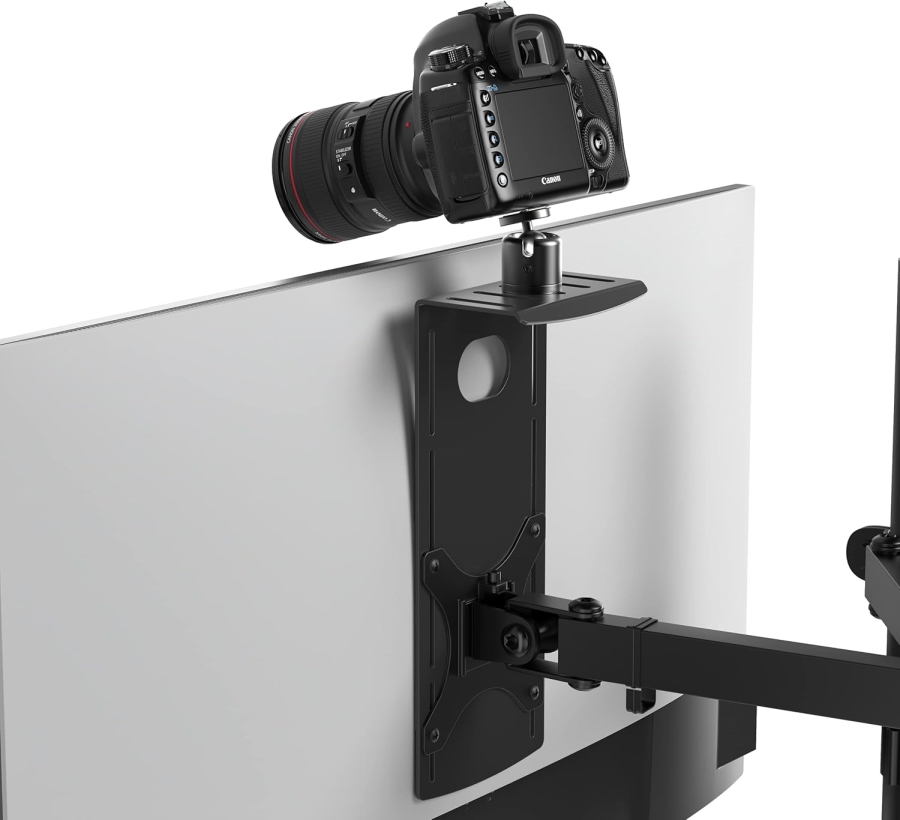 HumanCentric DSLR Monitor Mount Small – VESA Camera Shelf made of Aluminum (Space-saving mount for webcam, light & microphone above the monitor – VESA 100x100 mm)