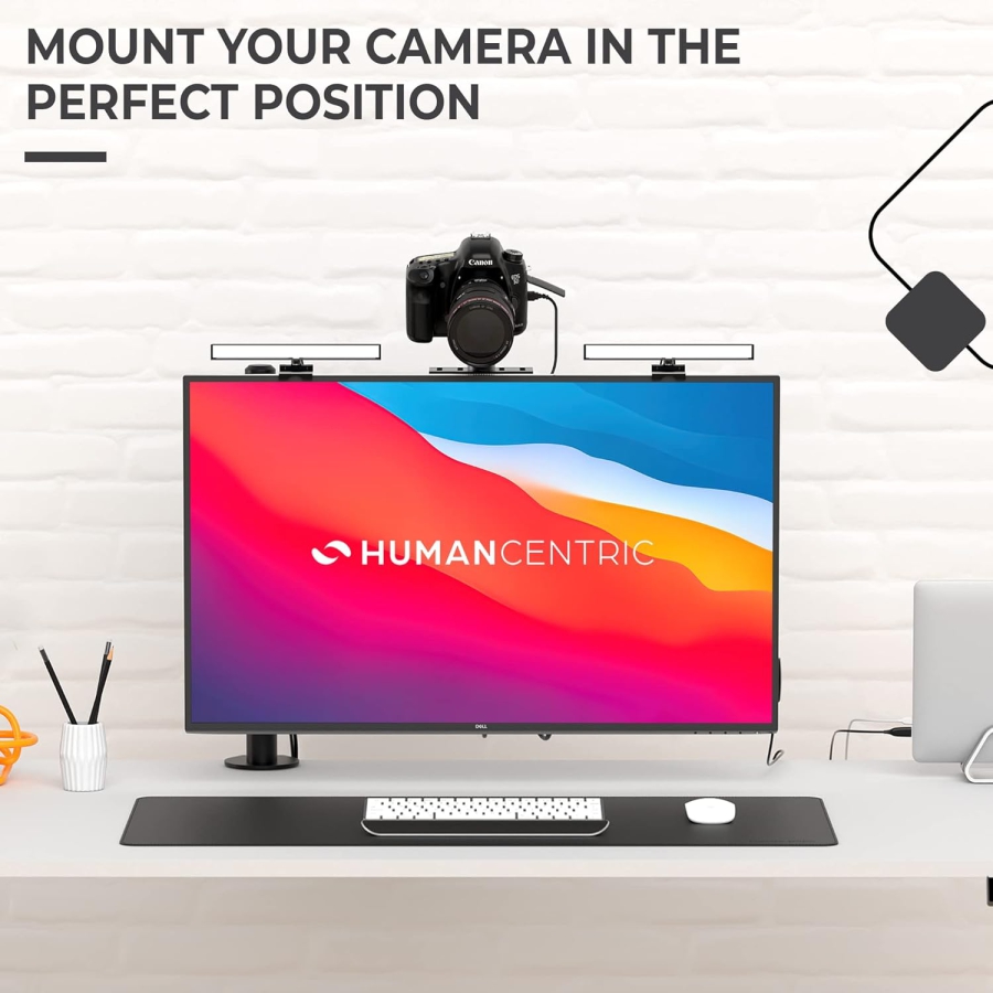HumanCentric DSLR Monitor Mount Small – VESA Camera Shelf made of Aluminum (Space-saving mount for webcam, light & microphone above the monitor – VESA 100x100 mm)