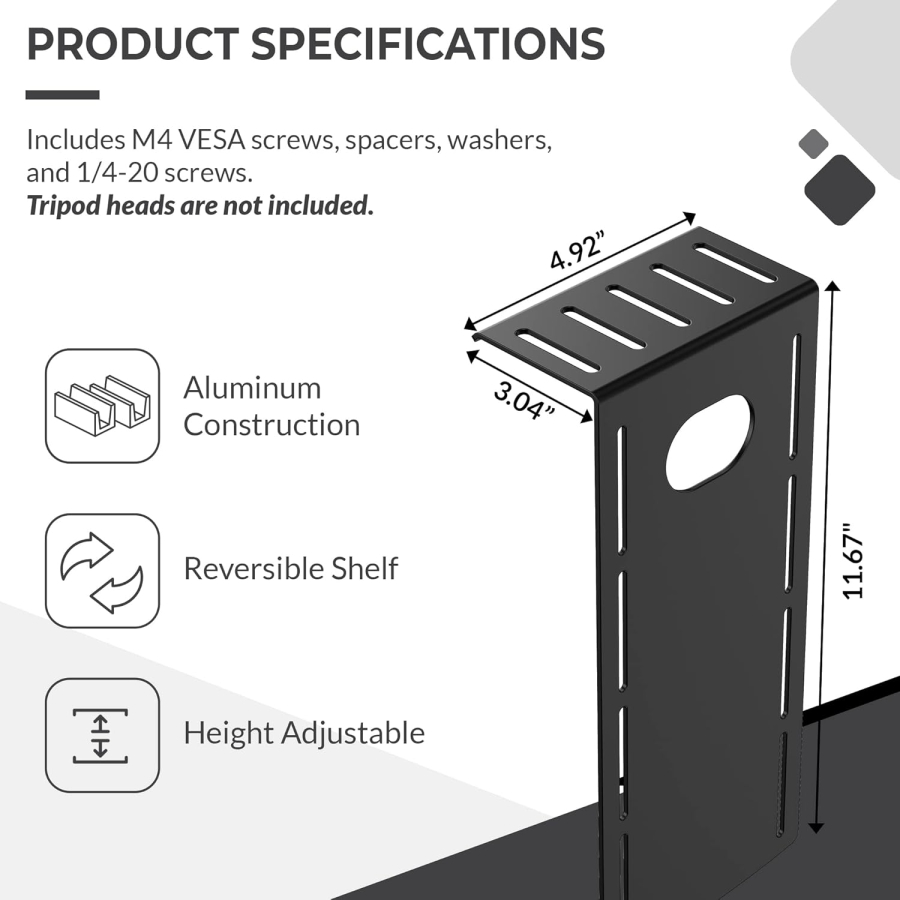 HumanCentric DSLR Monitor Mount Small – VESA Camera Shelf made of Aluminum (Space-saving mount for webcam, light & microphone above the monitor – VESA 100x100 mm)