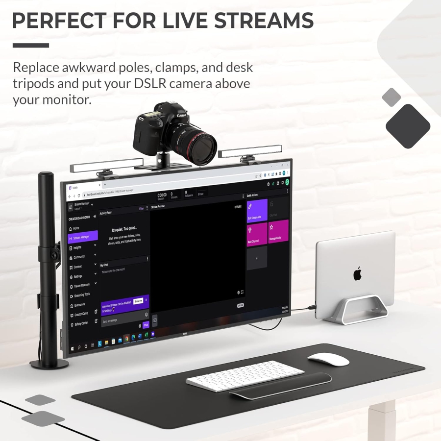 HumanCentric DSLR Monitor Mount Small – VESA Camera Shelf made of Aluminum (Space-saving mount for webcam, light & microphone above the monitor – VESA 100x100 mm)