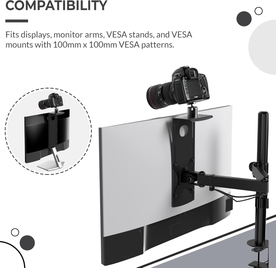 HumanCentric DSLR Monitor Mount Small – VESA Camera Shelf made of Aluminum (Space-saving mount for webcam, light & microphone above the monitor – VESA 100x100 mm)