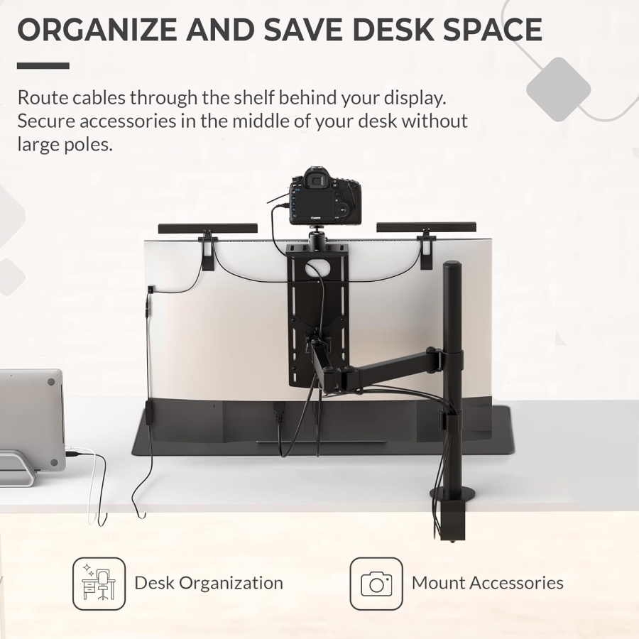 HumanCentric DSLR Monitor Mount Small – VESA Camera Shelf made of Aluminum (Space-saving mount for webcam, light & microphone above the monitor – VESA 100x100 mm)