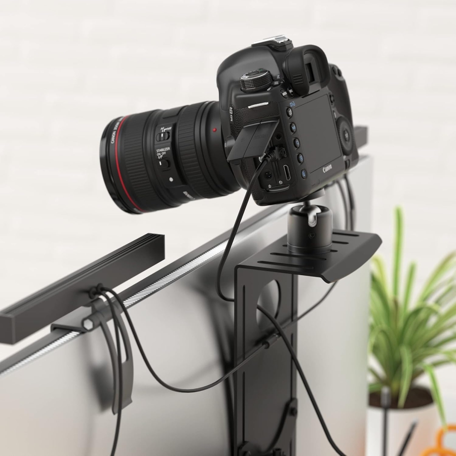HumanCentric DSLR Monitor Mount Small – VESA Camera Shelf made of Aluminum (Space-saving mount for webcam, light & microphone above the monitor – VESA 100x100 mm)