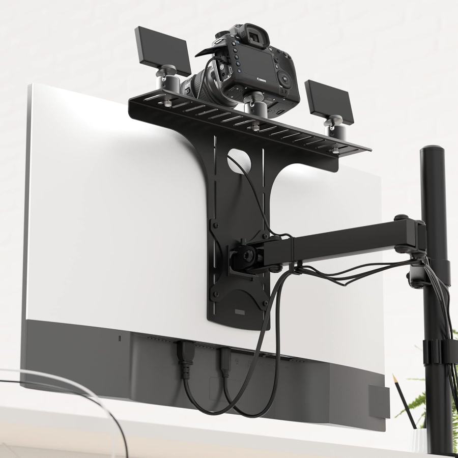 HumanCentric VESA Monitor Shelf for DSLR & Webcam (Camera Mount) (Space-saving desk mount for streaming & video conferencing – VESA 100x100 compatible)