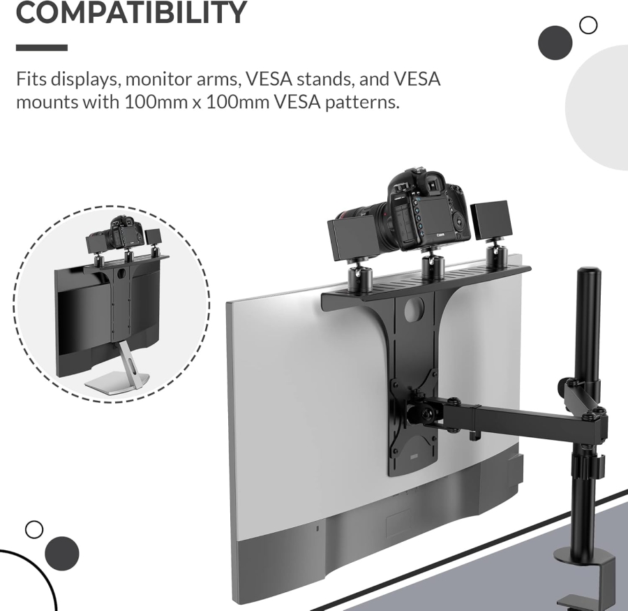 HumanCentric VESA Monitor Shelf for DSLR & Webcam (Camera Mount) (Space-saving desk mount for streaming & video conferencing – VESA 100x100 compatible)