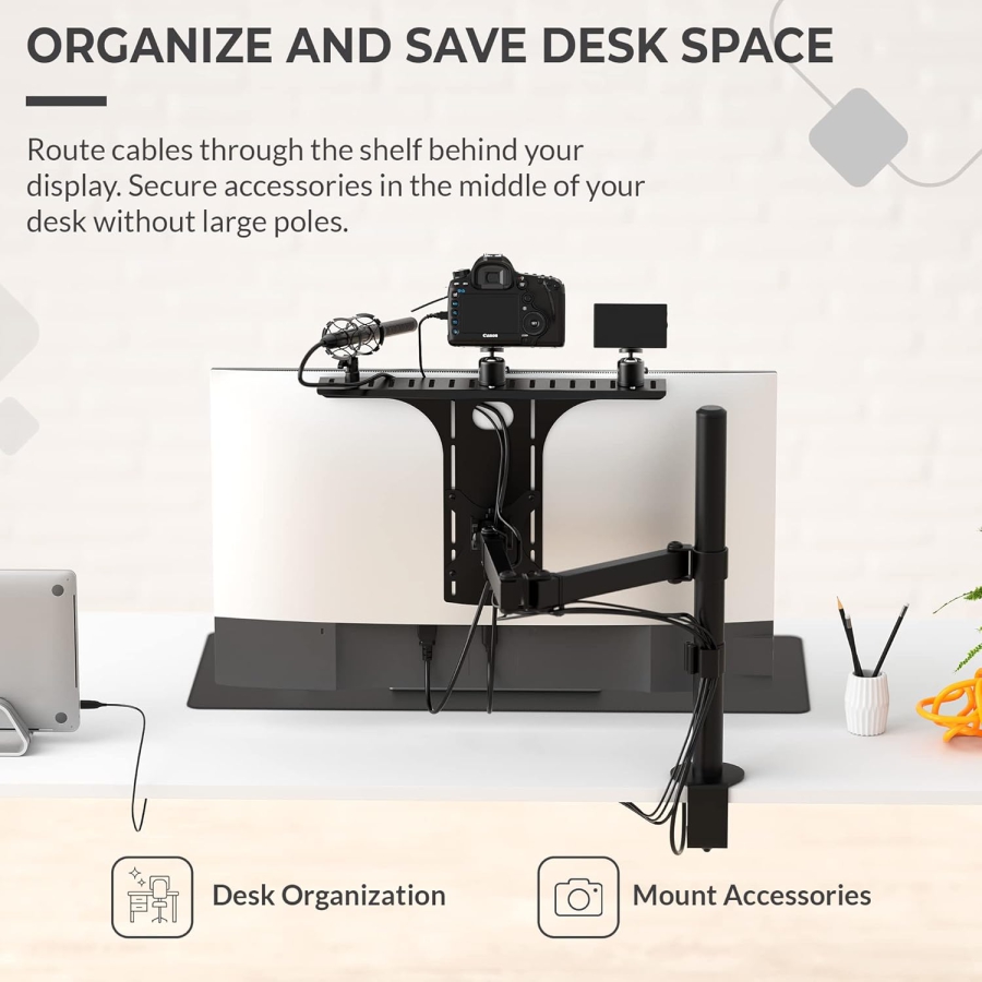 HumanCentric VESA Monitor Shelf for DSLR & Webcam (Camera Mount) (Space-saving desk mount for streaming & video conferencing – VESA 100x100 compatible)