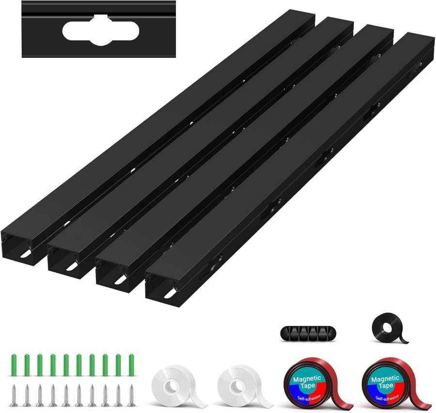 Magnetic Black Cable Raceway 4-Pack for Desk & TV (4x 40cm) (Innovative Cable Management: Magnetic, Self-Adhesive, or Screw-Mount – With Improved Large Holes.)