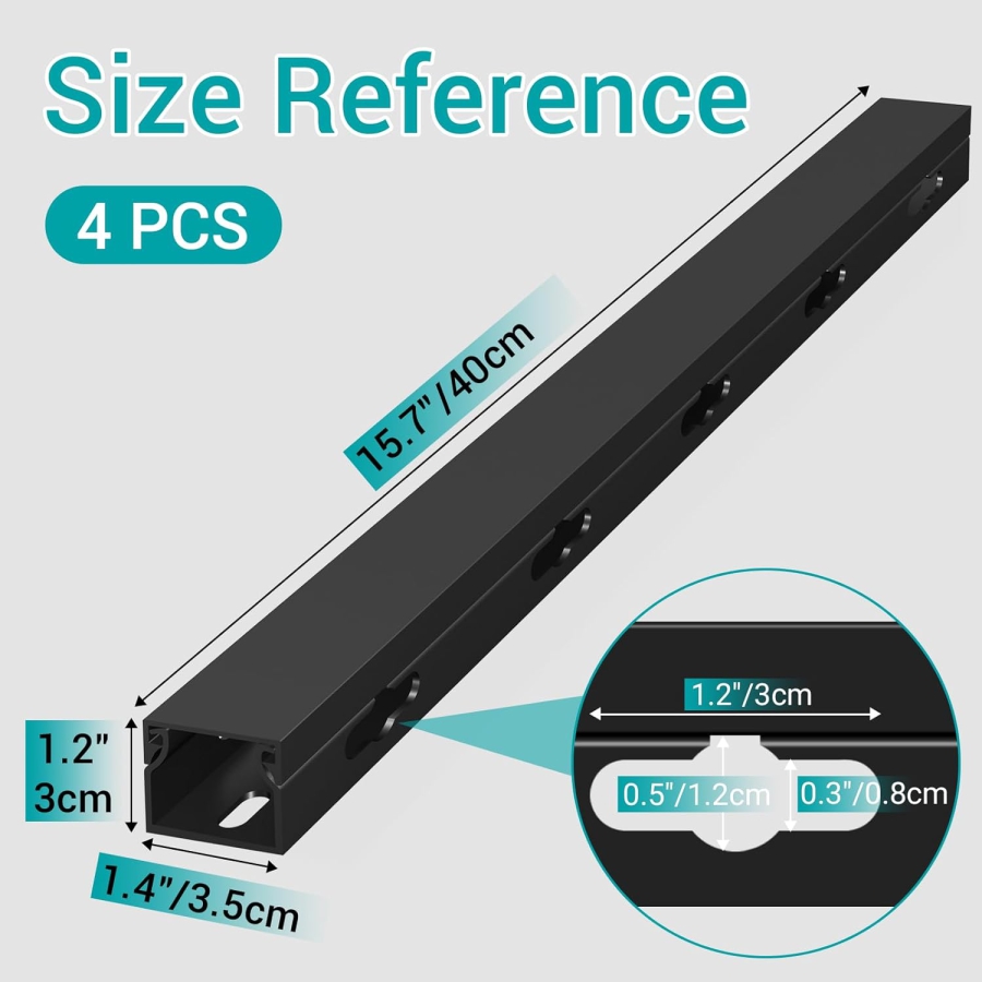Magnetic Black Cable Raceway 4-Pack for Desk & TV (4x 40cm) (Innovative Cable Management: Magnetic, Self-Adhesive, or Screw-Mount – With Improved Large Holes.)