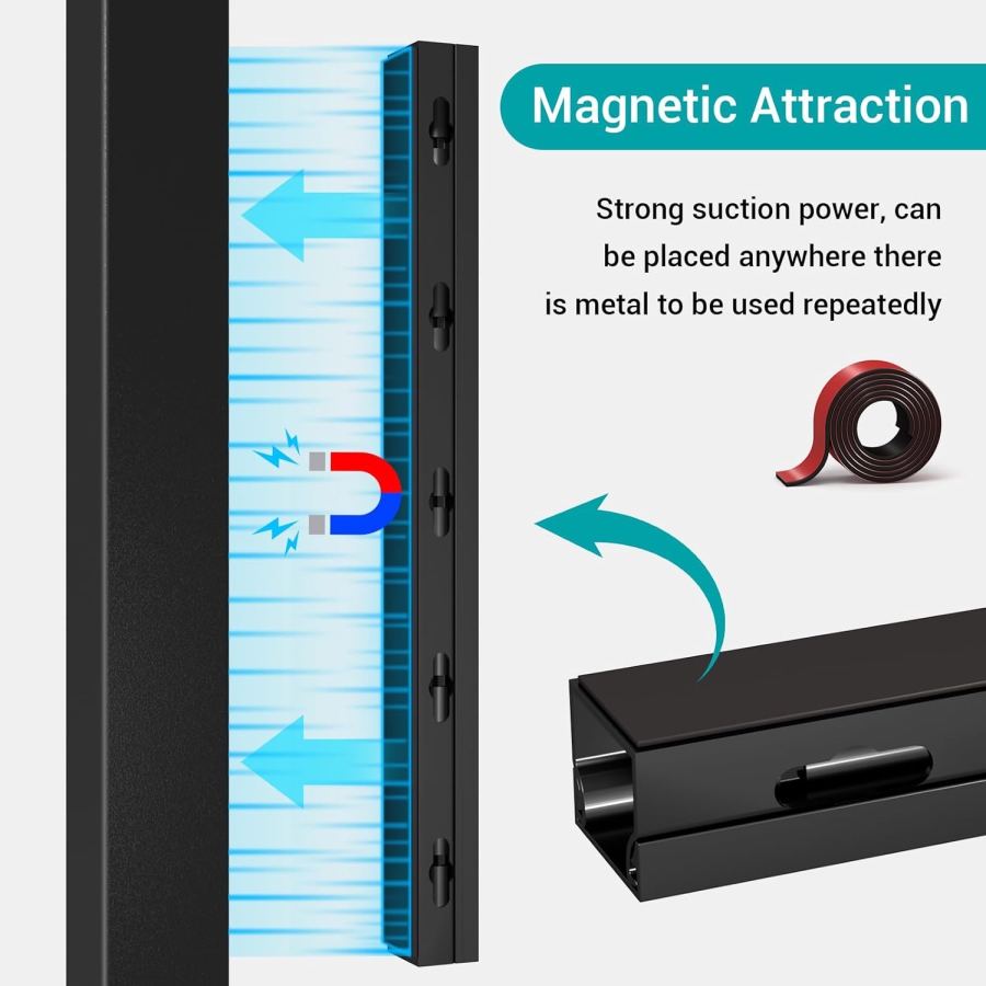 Magnetic Black Cable Raceway 4-Pack for Desk & TV (4x 40cm) (Innovative Cable Management: Magnetic, Self-Adhesive, or Screw-Mount – With Improved Large Holes.)