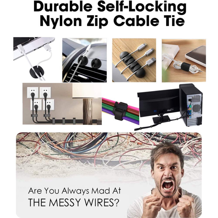 MiuCo Cable Management Desk Kit (100-Piece) – The Ultimate Organizer (Complete Set with 50 Cable Ties, 40 Clips & 10 Silicone Holders – Self-Adhesive & Residue-Free.)