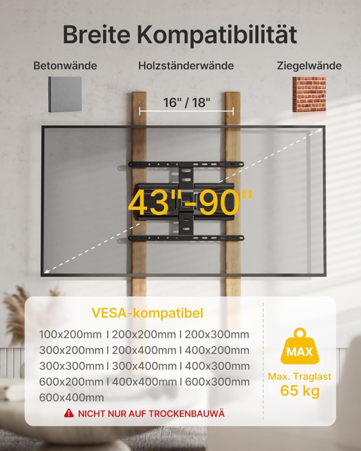 monTEK Ultra Slim TV Wall Mount for 43-90 Inch (Only 2 cm Wall Distance) (Extremely Flat Design (0.77") with Full-Motion Articulating Arm – 50 kg Load Capacity, VESA 600x400.)