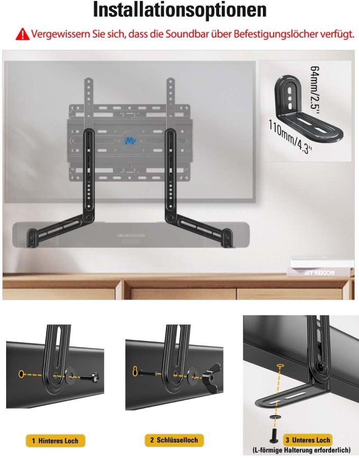 Mounting Dream Universal Soundbar Mount for Mounting Above/Below TV (MD5420-03) (Flexible Attachment with L-Bracket & Extension – Rotatable by 180° up to 6.8 kg Load Capacity)