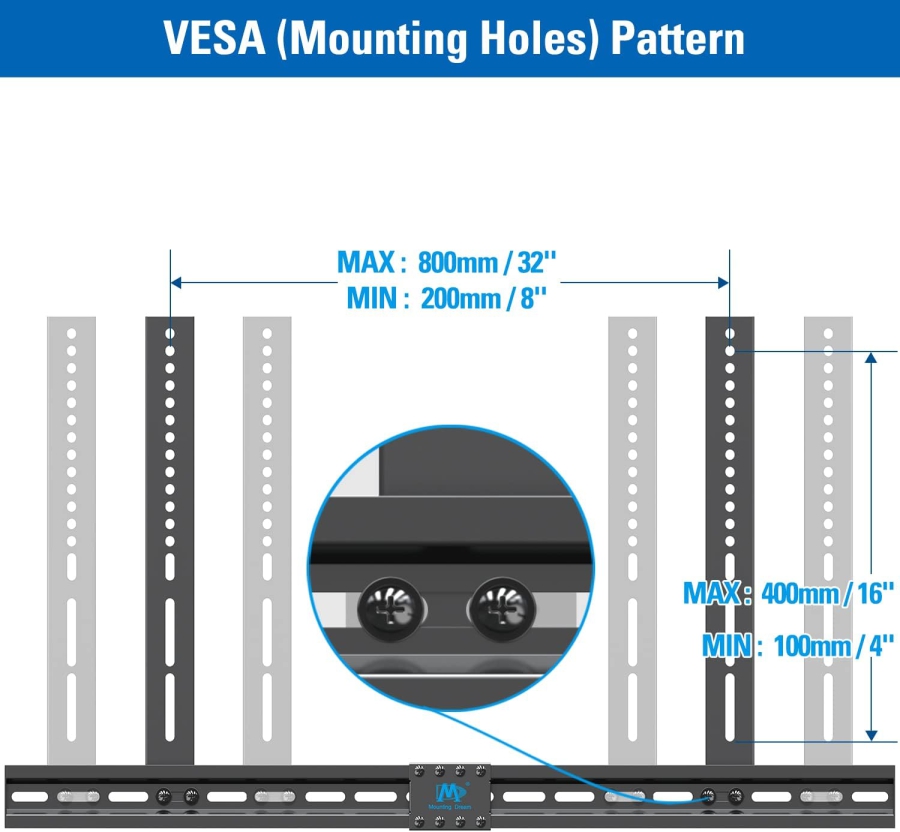 Mounting Dream Universal Soundbar Mount for Soundbars with & without Holes (MD5425-03) (Flexible mounting on TV, wall, or stand – Adjustable base up to 9 kg load capacity & VESA 800x400)