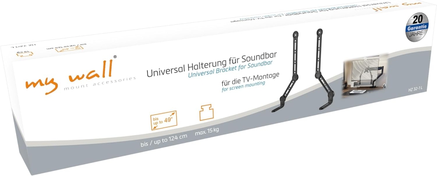 my wall Universal Soundbar Mount for TVs up to 49 Inch (HZ32-1L) (Space-saving attachment to the screen (Tilt & Swivel) up to 15 kg – With vibration protection & 20-year warranty)