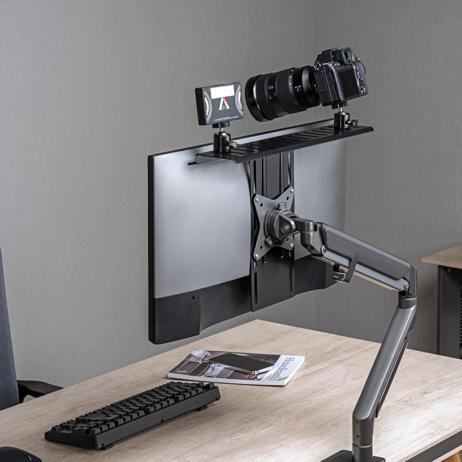 NanoRS RS464 All-in-One VESA Mount for Camera & Light (Monitor Shelf) (VESA 100x100 Shelf (40 x 8.6 cm) for Webcam, Ring Light & Microphone – Up to 3 kg Load Capacity)