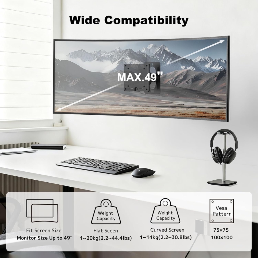 PUTORSEN Heavy Duty Monitor Wall Mount for 17-49 Inch Screens (Load capacity up to 20 kg – Tilt, Swivel & 360° Rotation – Ultra-slim design for VESA 75/100)